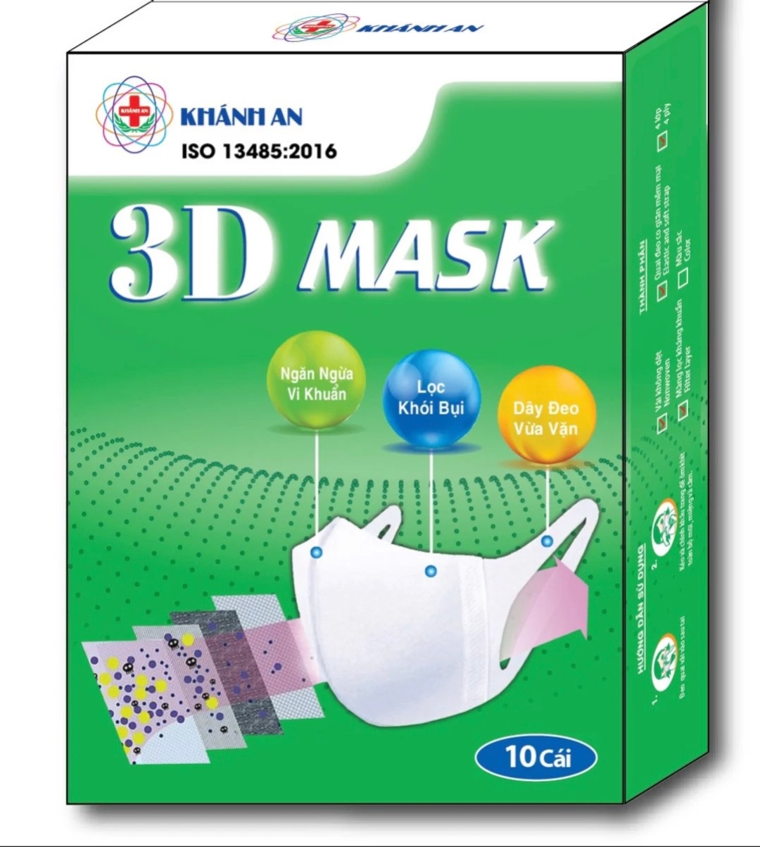 [Hộp 10 cái] Khẩu trang 3D Mask Khánh An quai vải