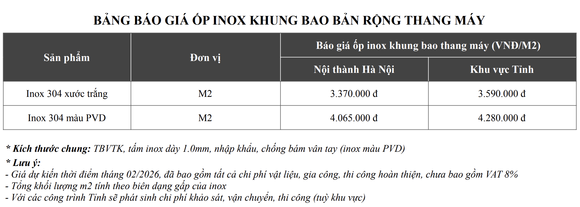 BẢNG BÁO GIÁ ỐP INOX KHUNG BAO BẢN RỘNG THANG MÁY			