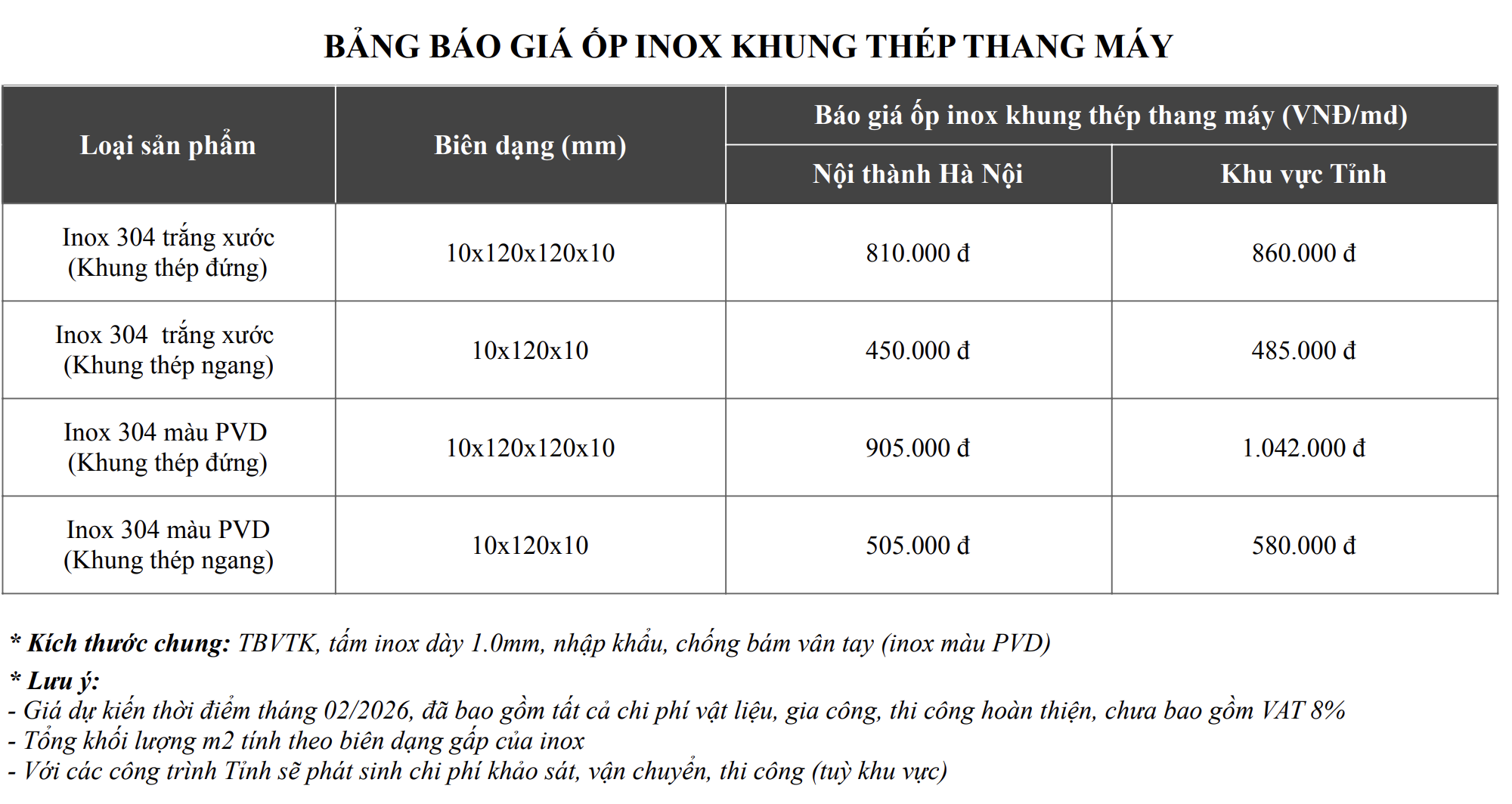 BẢNG BÁO GIÁ ỐP INOX KHUNG THÉP THANG MÁY			