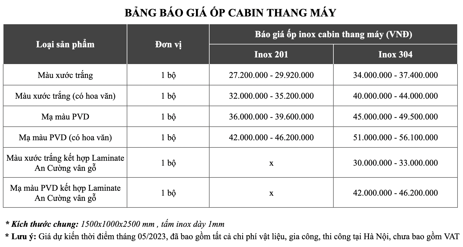 Bảng báo giá ốp inox cabin thang máy