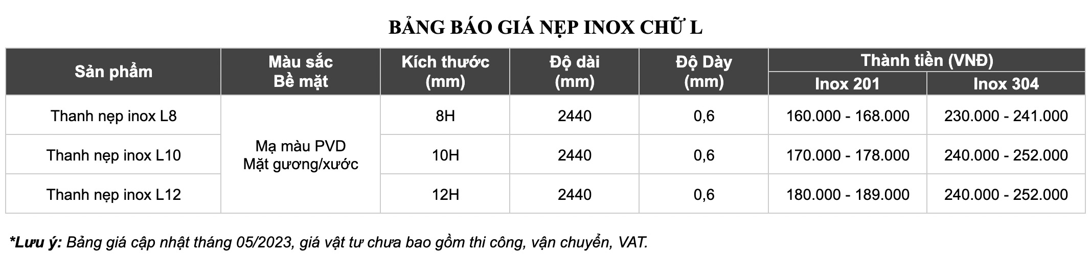 Báo giá nẹp inox chữ L - 12mm mới nhất 