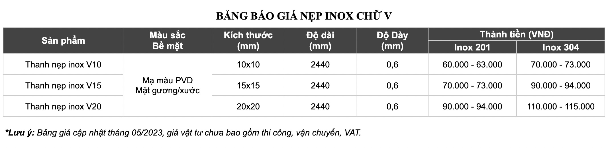 Bảng báo giá tham khảo nẹp inox chữ V