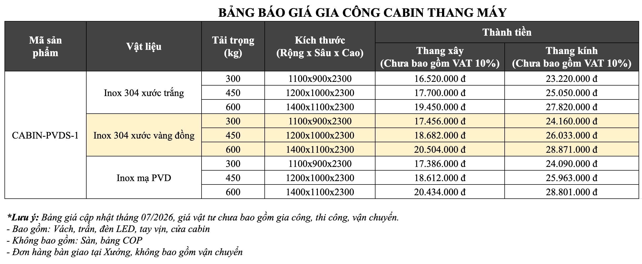 Bảng giá gia công cabin thang máy mã CABIN-PVDS-1 Tại S-House Decor