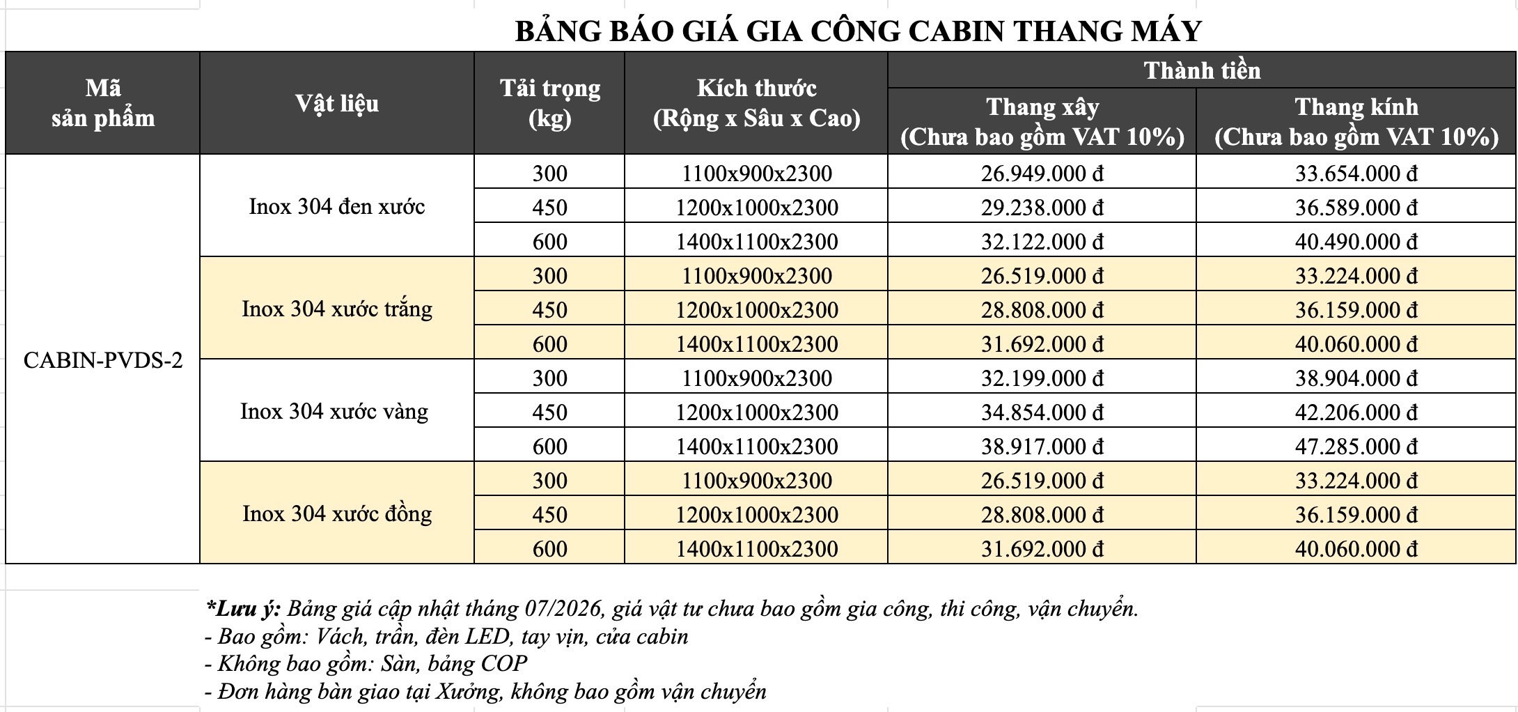 Bảng giá gia công cabin thang máy mã CABIN-PVDS-2 tại S-House Decor