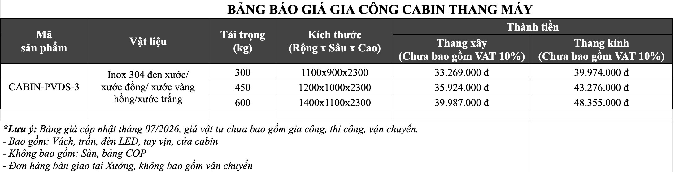 Bảng giá gia công cabin thang máy mã CABIN-PVDS-3 tại S-House Decor
