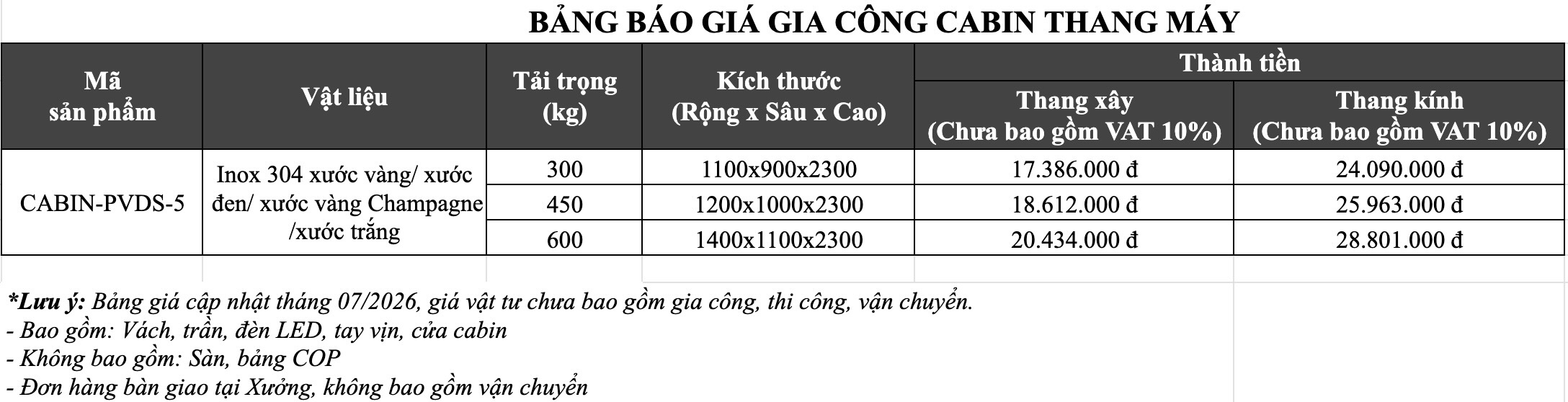 Bảng giá Gia công cabin thang máy mã CABIN-PVDS-5 tại S-House Decor