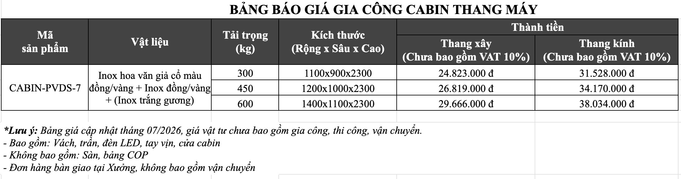 Bảng giá Gia công cabin thang máy mã CABIN-PVDS-7 tại S-House Decor