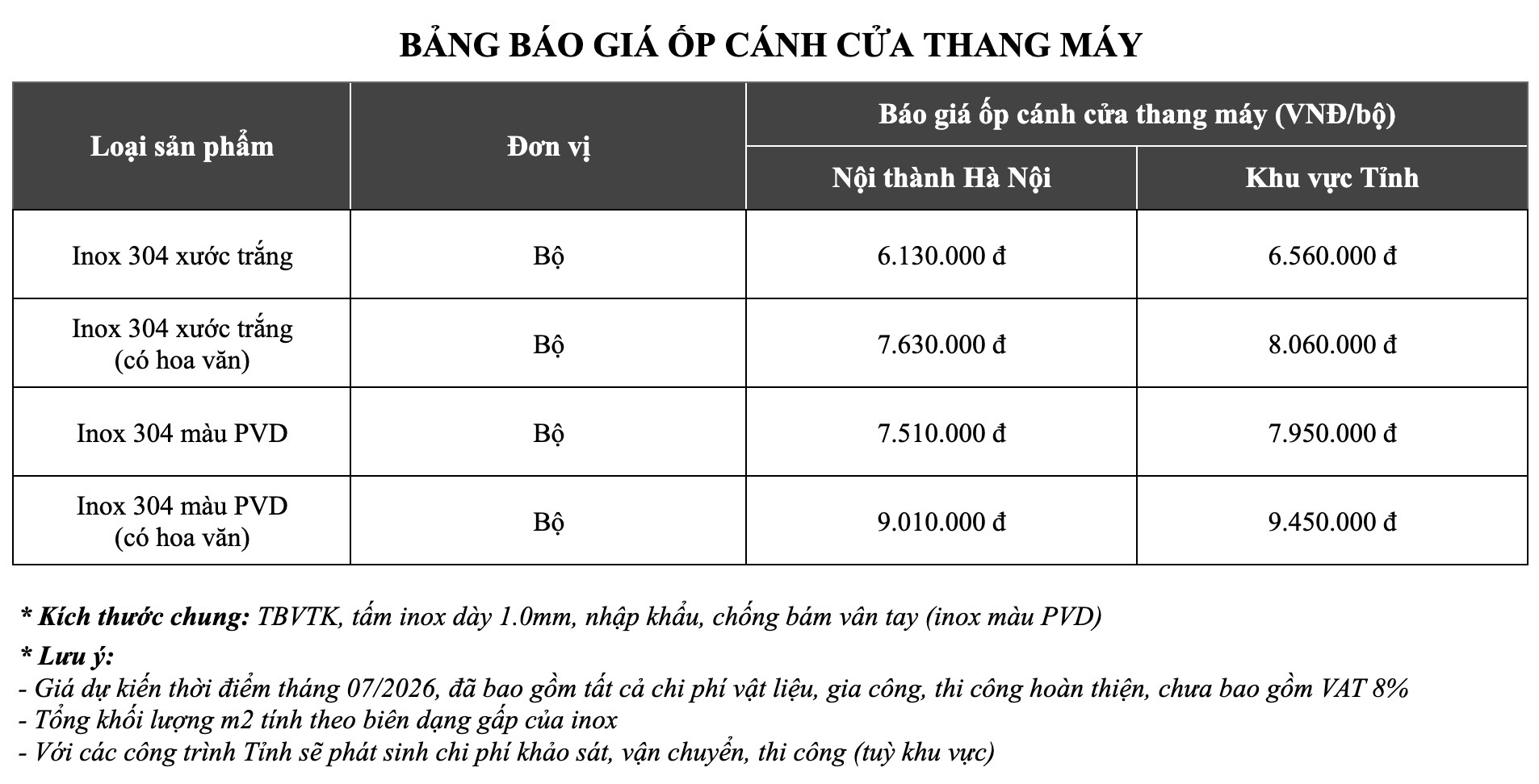 Bảng giá Ốp inox cửa thang máy tại S-House Decor 