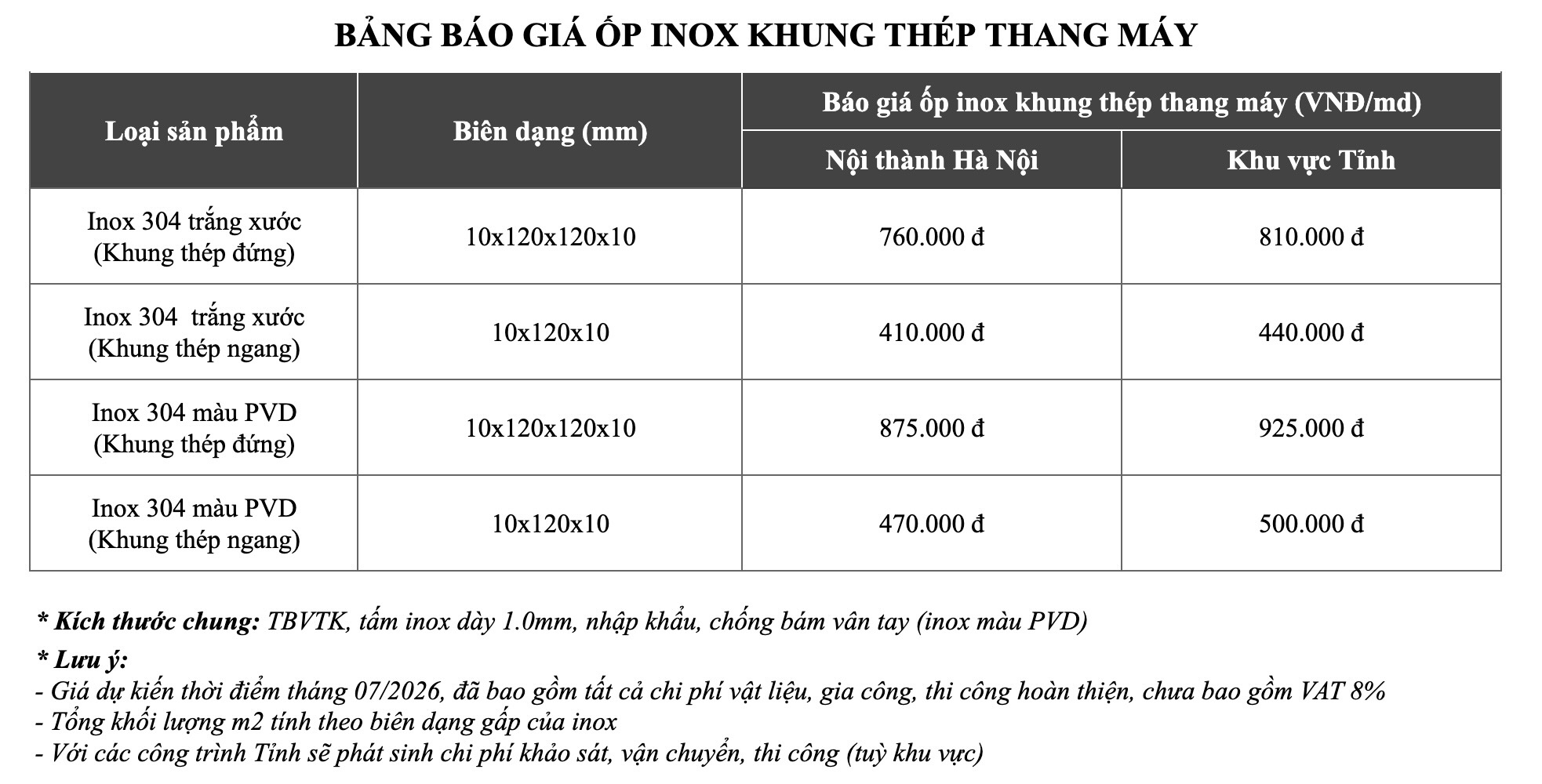 Bảng giá ốp inox khung thép thang máy tại S-House Decor
