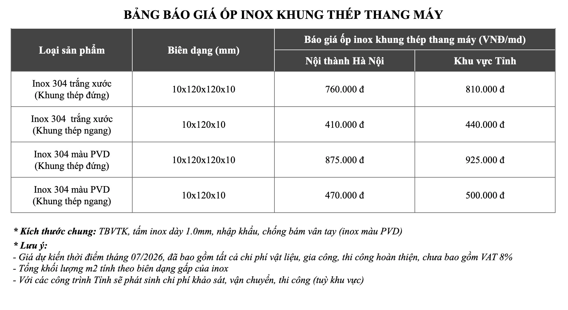 Bảng báo giá ốp inox khung thép thang máy tại S-House Decor