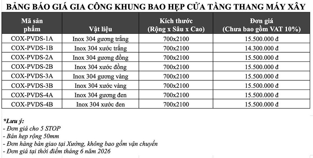 Bảng giá tham khảo gia công khung bao hẹp cửa tầng thang máy xây