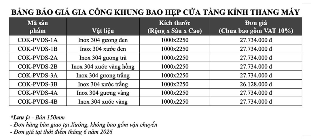 Báo giá gia công khung bao hẹp cửa thang máy kính mới nhất 2026