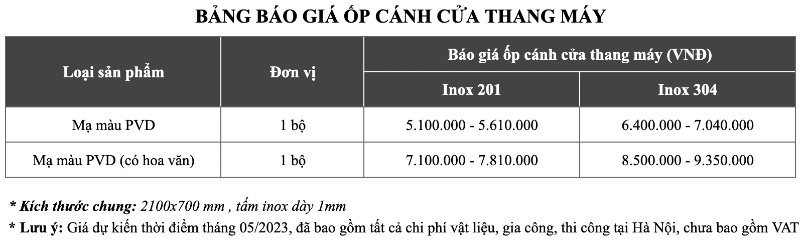 Bảng báo giá ốp inox cánh cửa thang máy