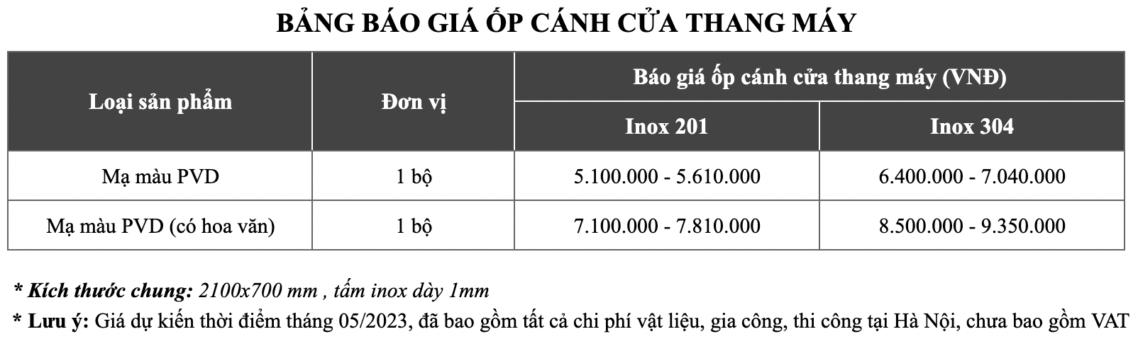 Báo giá ốp inox cánh cửa thang máy