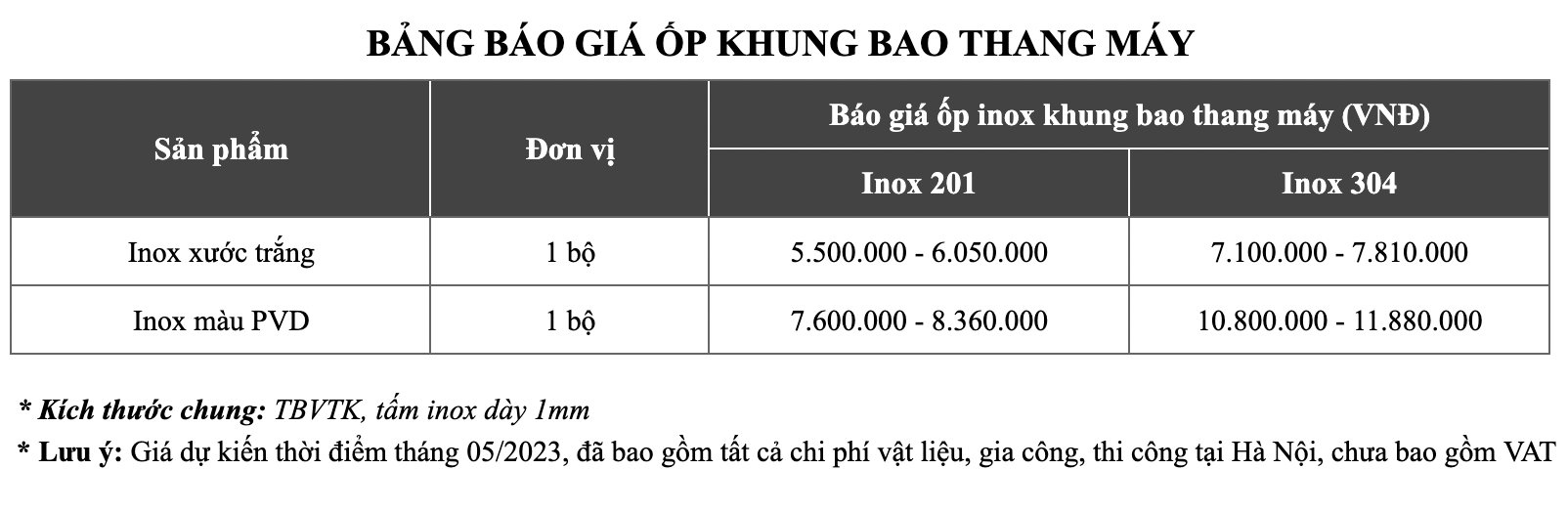 Bảng báo giá ốp inox khung bao thang máy