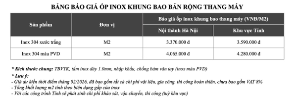 Bảng giá ốp inox khung bao bản rộng thang máy