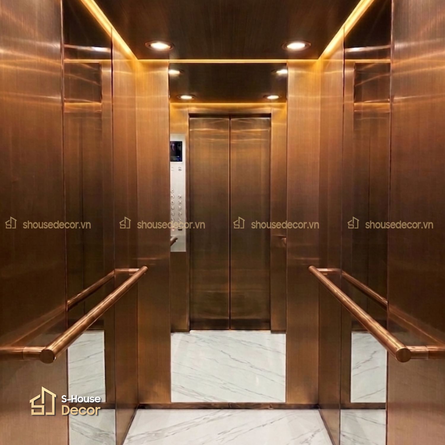 Gia công cabin thang máy inox 304 màu xước đồng mã CABIN-PVDS-1-1 tại S-House Decor