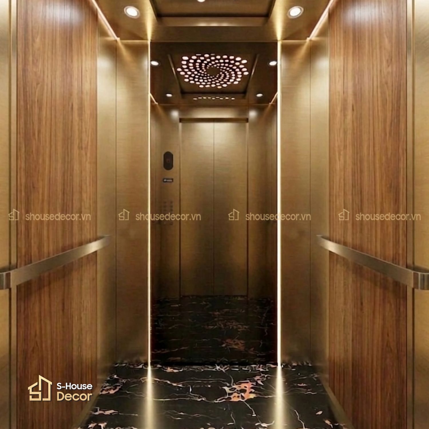 Gia công cabin thang máy inox 304 xước vàng CABIN-PVDS-2 tại S-House Decor