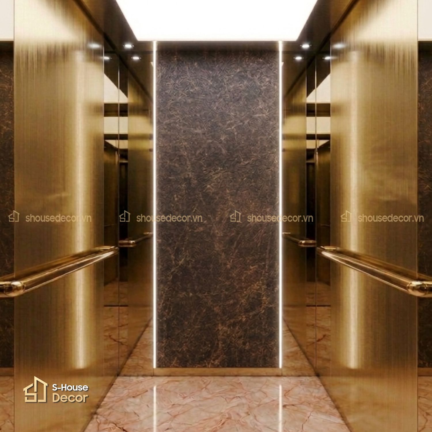 Gia công cabin thang máy inox xước vàng, gương vàng mã CABIN-PVDS-4