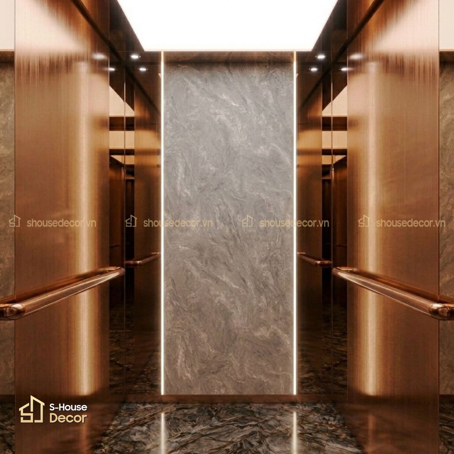 Gia công cabin thang máy inox xước đồng, gương trà mã CABIN-PVDS-4