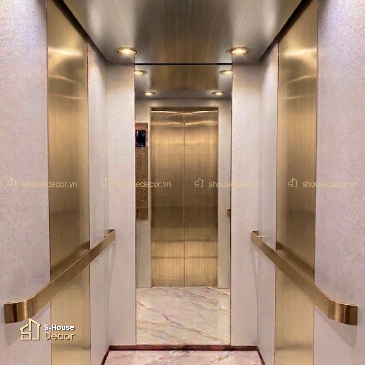 Gia công cabin thang máy inox 304 xước vàng Champagne mã CABIN-PVDS-5 tại S-House Decor