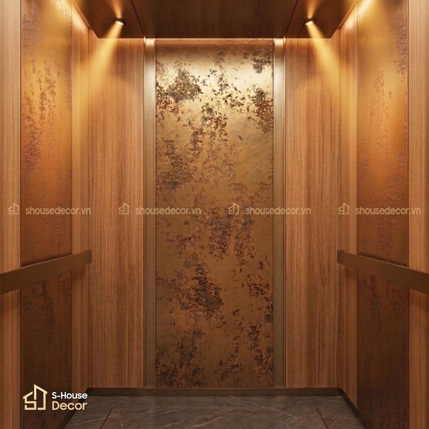 Gia công cabin thang máy hoa văn giả cổ màu vàng - CABIN-PVDS-7 