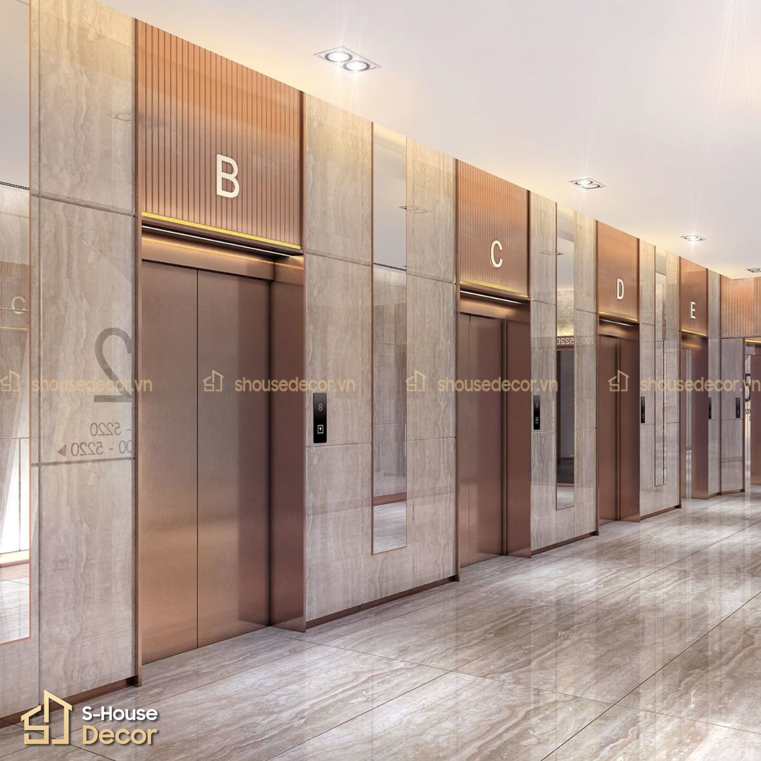 Mẫu cửa thang máy ốp inox 304 Rose Gold kết hợp với đá vân be xám nâu tại S-House Decor