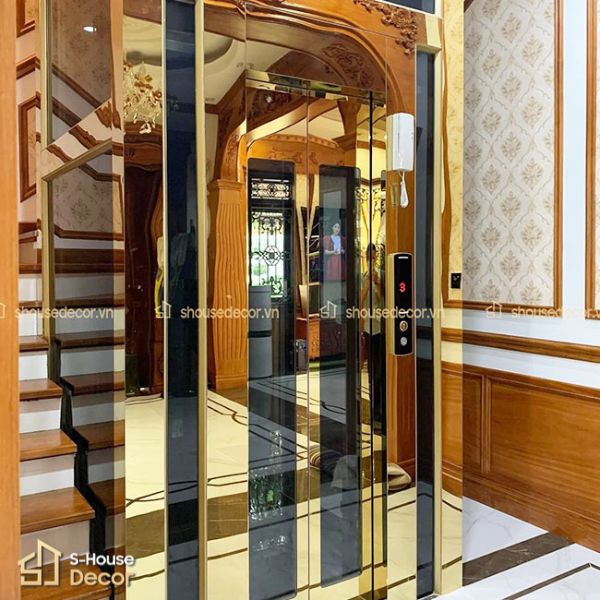 Mẫu trang trí thang máy đẹp tại S-House Decor inox 304 vàng gương