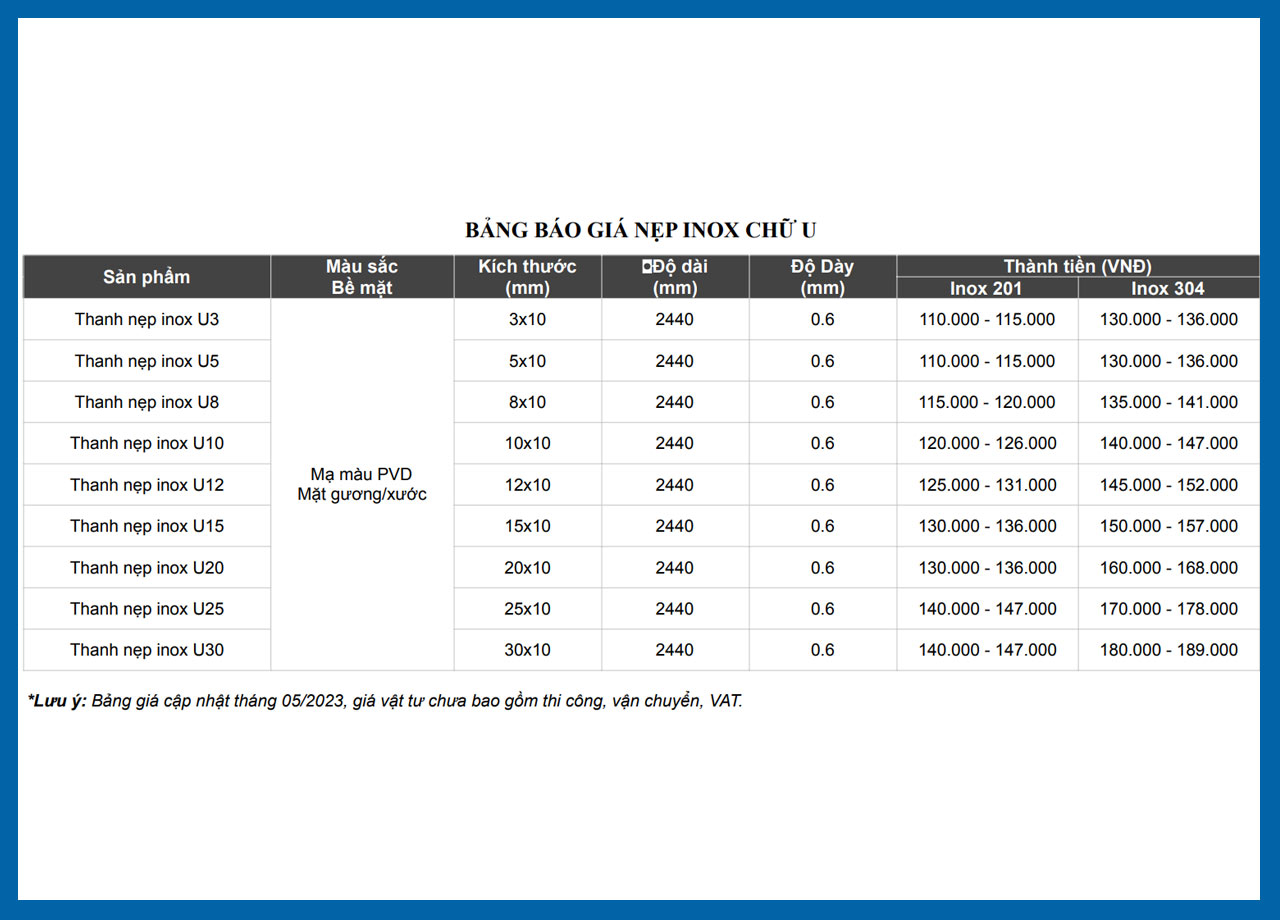 BẢNG GIÁ NẸP INOX CHỮ U