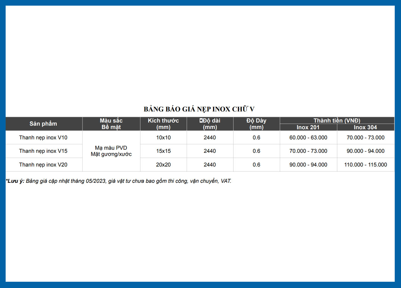 BẢNG GIÁ THI CÔNG NẸP INOX CHỮ V