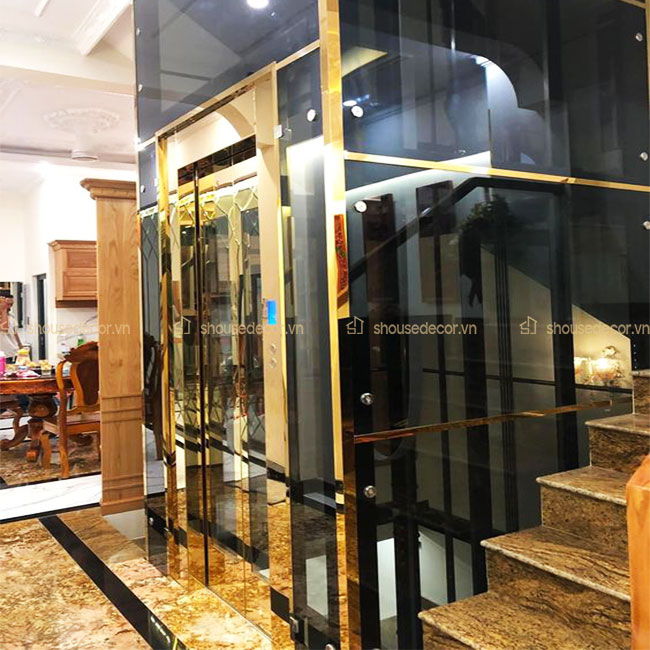 Ốp inox thang máy kính vàng sang trọng, hiện đại