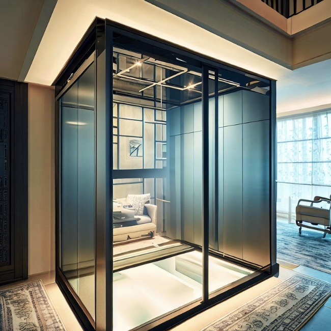 Thang máy gia đình 200kg có thiết kế sang trọng và tinh tế với cửa được ốp inox mạ vàng. 