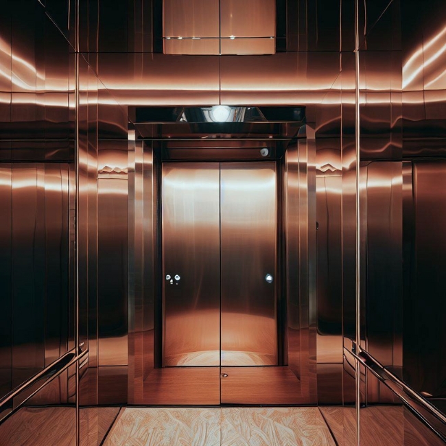 Mẫu thang máy tường gia đình được ốp inox gương màu hồng đồng
