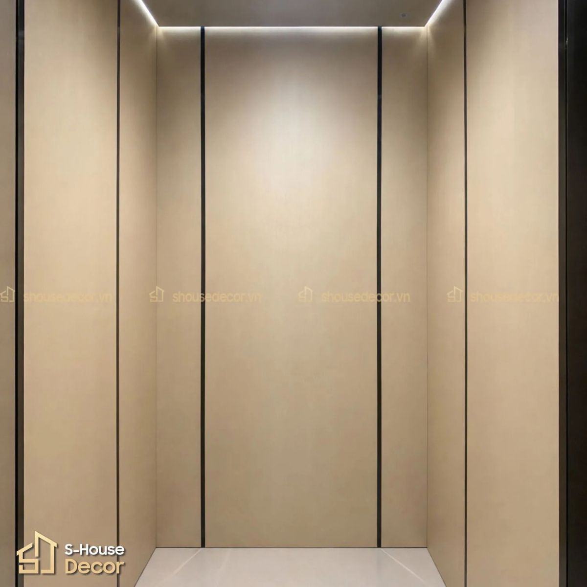 Trang trí cabin thang máy Laminate vân gỗ kết hợp với nẹp xước đen