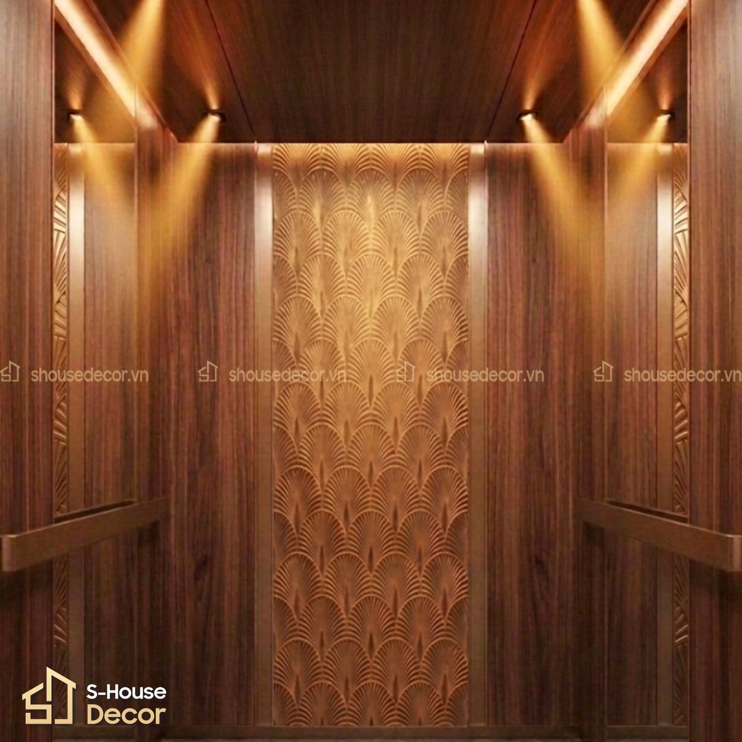 Trang trí thang máy gia đình bằng inox hoa văn giả gỗ