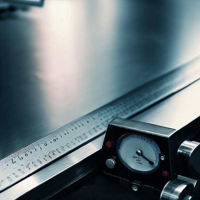 Một bức ảnh của một tấm inox với thước kẻ và thang đo để đo kích thước và khối lượng của nó