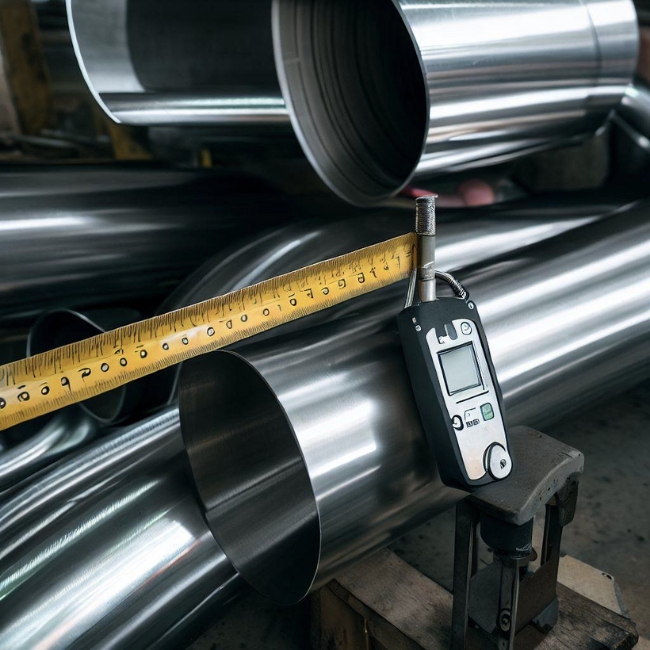 Một bức ảnh của các ống inox với thước dây và thang đo để đo kích thước và khối lượng của chúng
