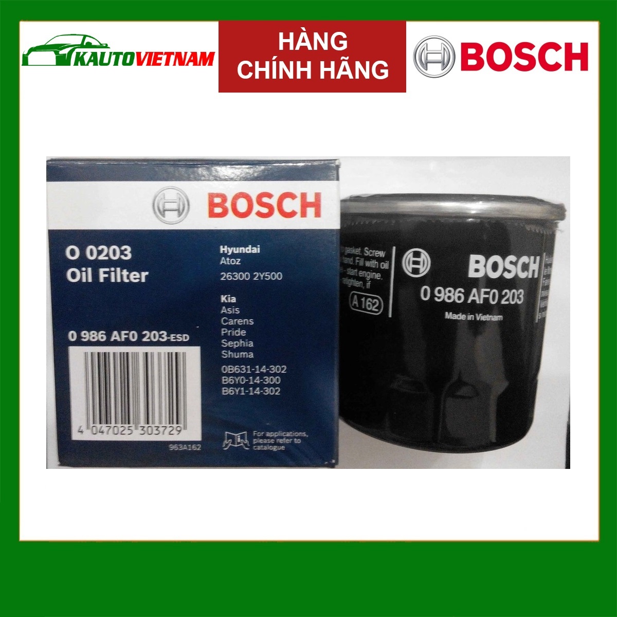 Lọc dầu động cơ Kia Morning (2004+); Picanto (2004+); Rio chính hãng Bosch (0986AF0203) (Lọc sắt)