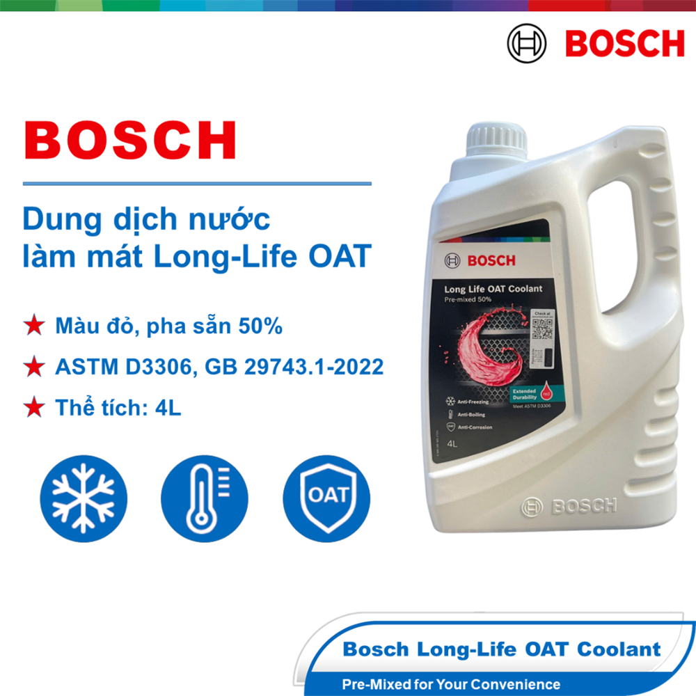 Nước làm mát Long-Life OAT Coolant chính hãng Bosch, pha sẵn 50%, màu Đỏ (Red), Can 4L (1987124103)