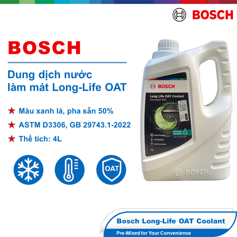 Nước làm mát Long-Life OAT Coolant chính hãng Bosch, pha sẵn 50%, màu Xanh lá (Green), Can 4L (1987124104)