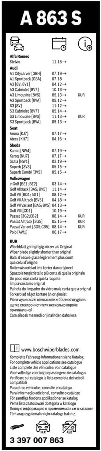 Gạt mưa Audi A1 (2019+); A3 (2013+); VOLKSWAGEN Passat (2014+); SKODA Karoq (2017+) chính hãng Bosch AEROTWIN EURO A863S (3397007863) 26inch & 18inch xương mềm cao cấp - Bộ 2 cái