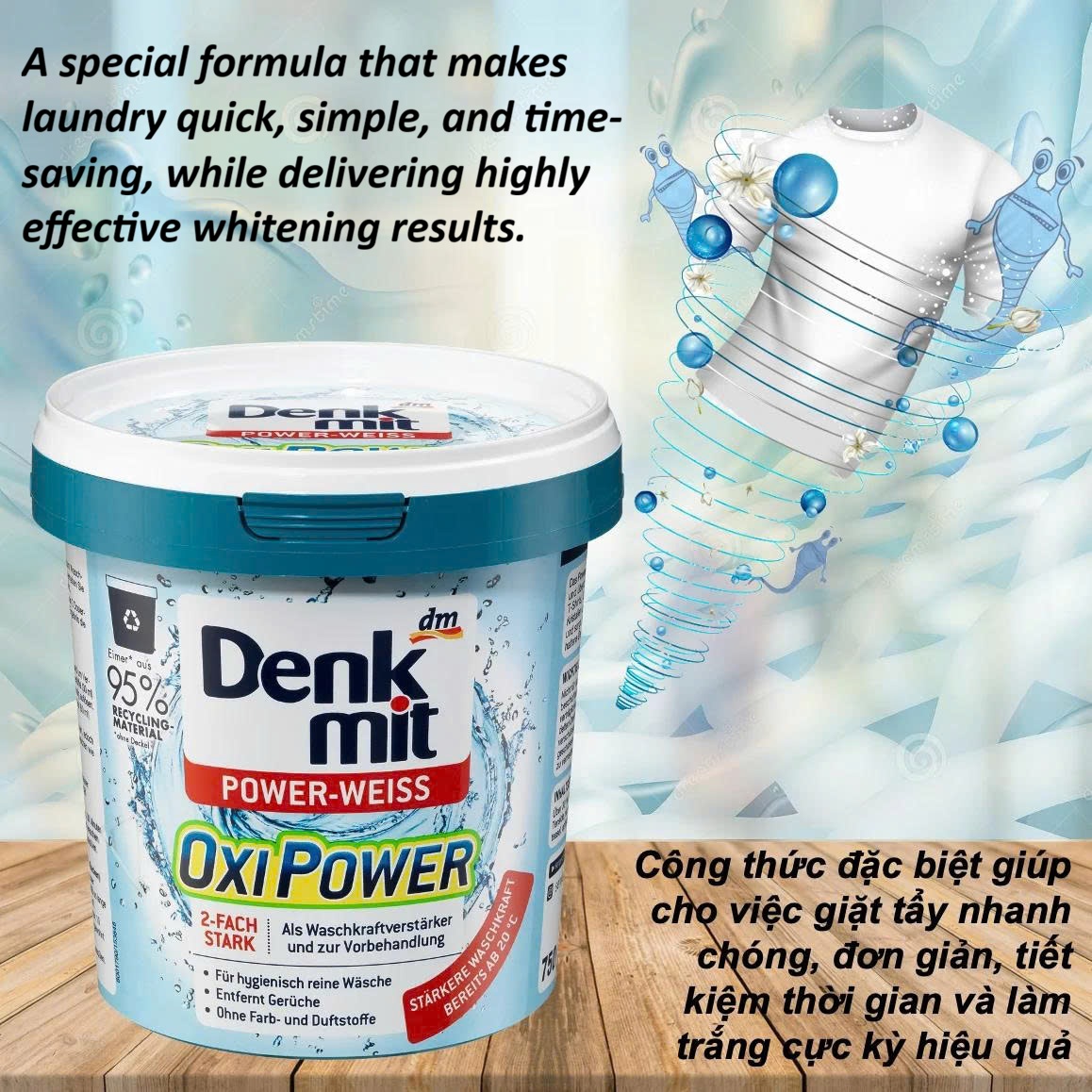 Bột tẩy vết bẩn cho quần áo trắng Denkmit Oxi Power 750gram