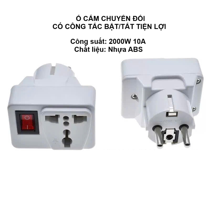 Ổ Cắm Chuyển Đổi Đa Năng Có Công Tắc Bật/Tắt Tiện Lợi - Công Suất 2000W, Nhựa ABS Cao Cấp