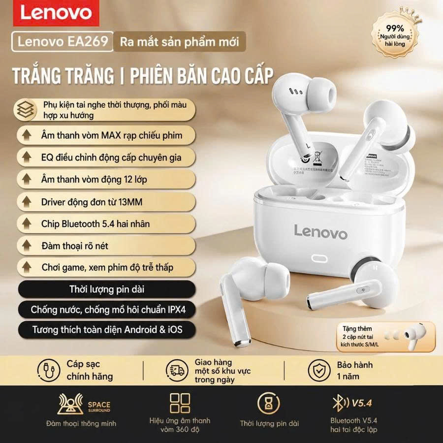 Tai nghe Bluetooth Lenovo EA269 – Bluetooth 5.4 | Âm thanh 360° | Pin 24H | Chống nước IPX4