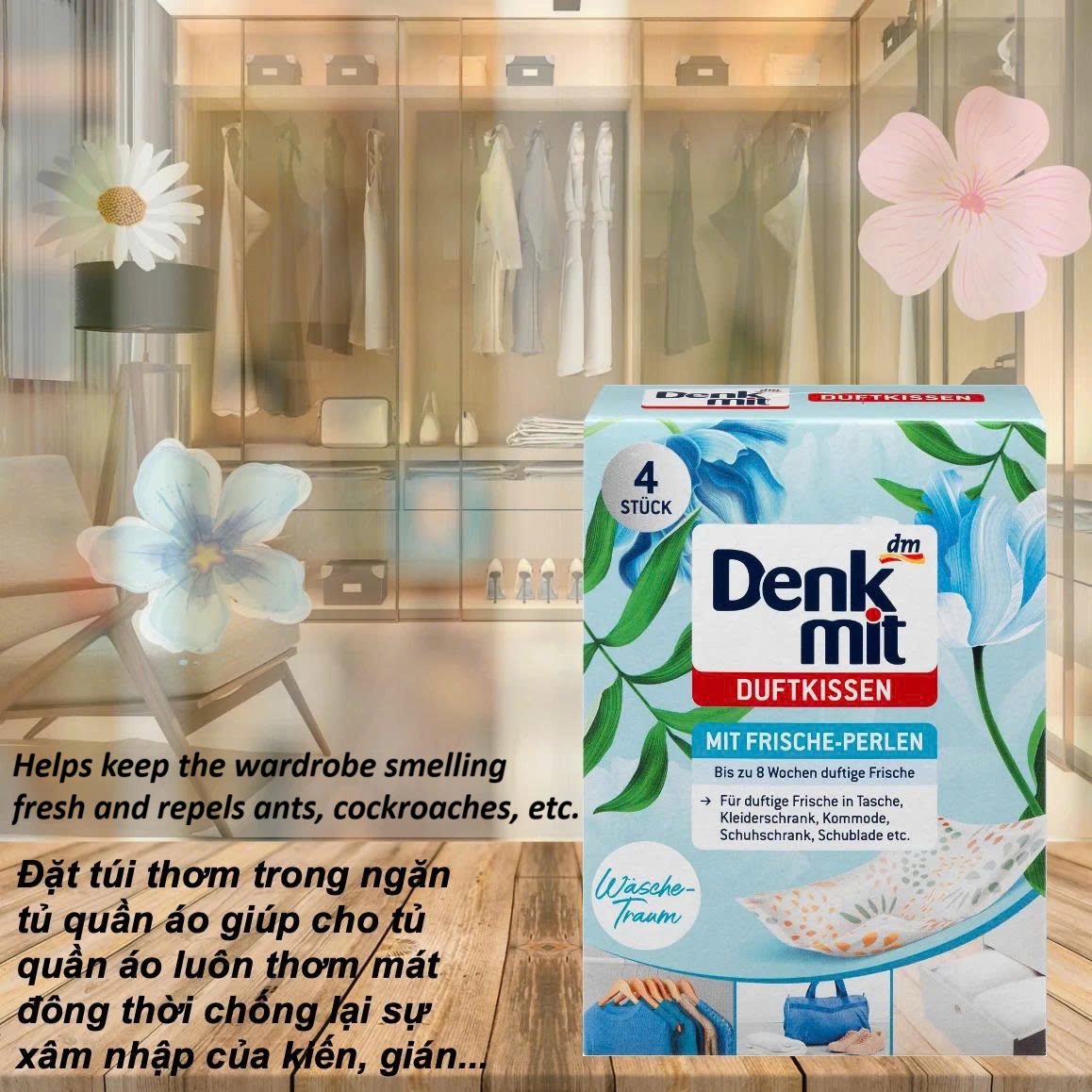 Túi thơm quần áo Denkmit Duft Kissen, hộp 4 túi - Nhập khẩu Đức