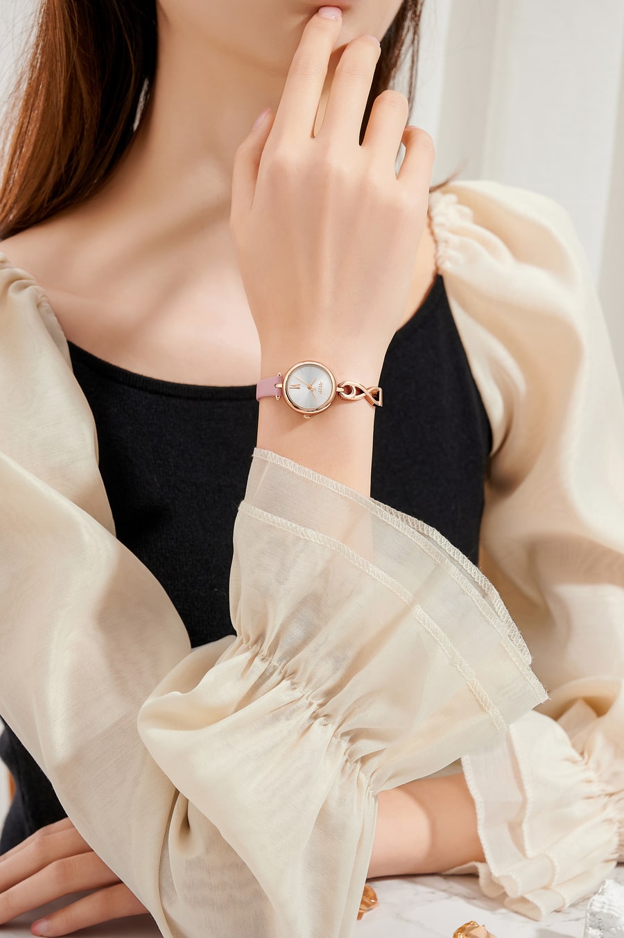 Đồng Hồ Nữ JA-1351A Julius Hàn Quốc Dây Da  (Hồng)