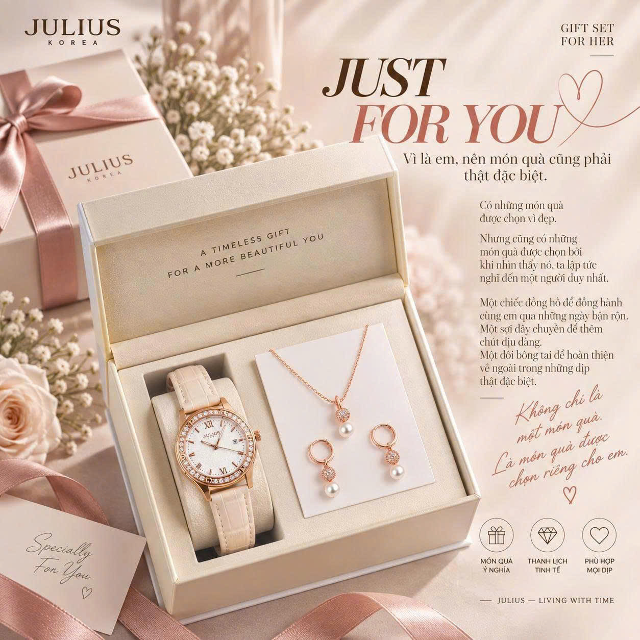 Combo Quà Tặng Đồng Hồ Nữ Julius JA-1395C + ES582