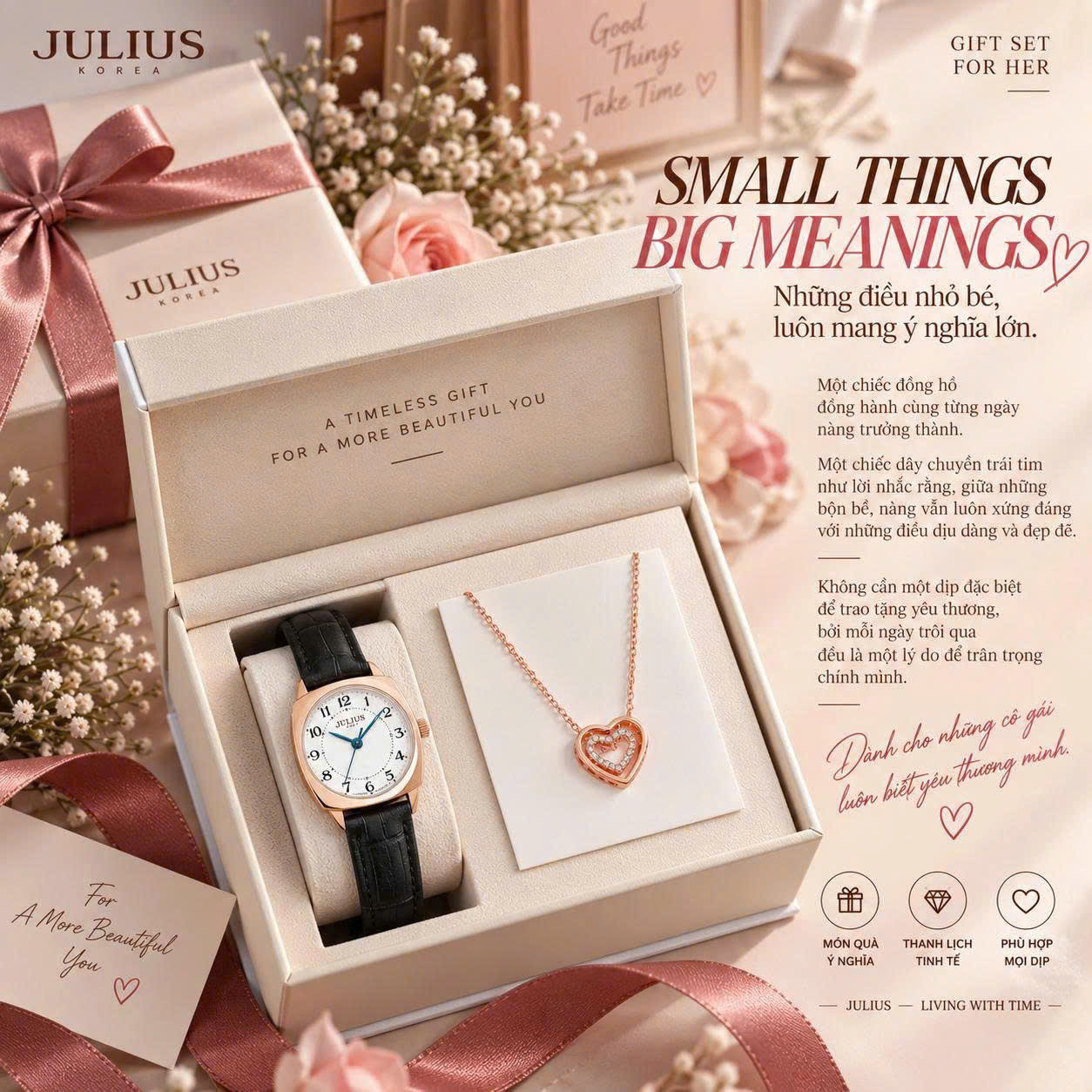 Combo Quà Tặng Đồng Hồ Nữ Julius JA-1475C+ ES587