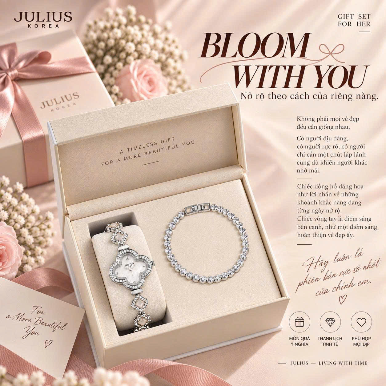 Combo Quà Tặng Đồng Hồ Nữ Julius JA-1545C + ES588