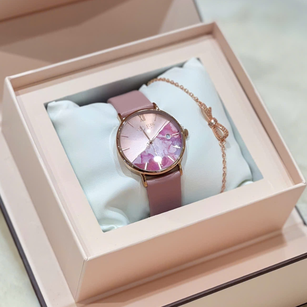 Combo Đồng Hồ Nữ JA-1312C Julius Hàn Quốc + Lắc Tay ES214 (Hồng)